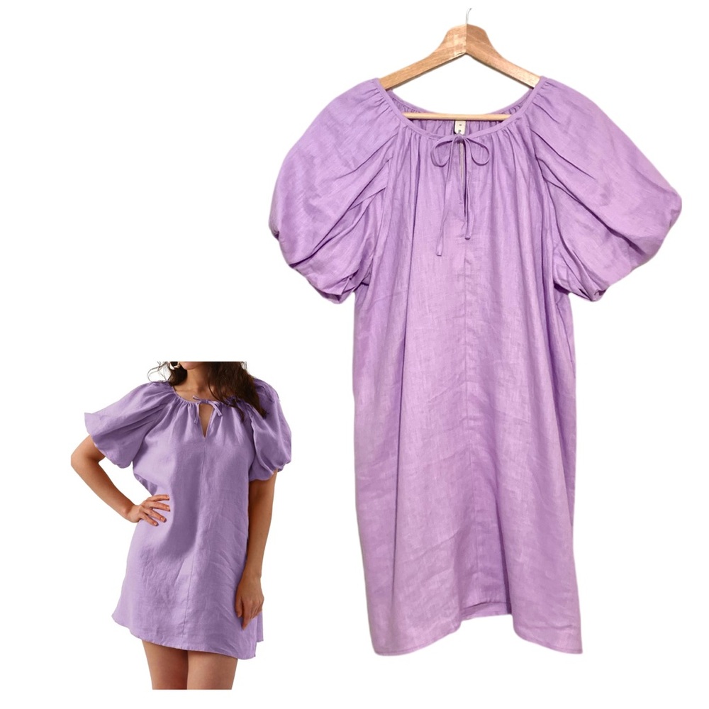 Amazhiyu Pure Linen Summer Puff Sleeve V Neck Mini Dres in Lavender Small NWT